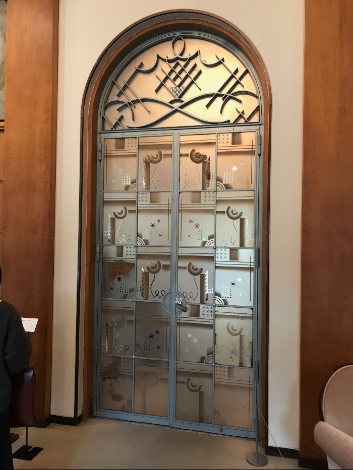 Glass etched door attributed to Max Ingrand