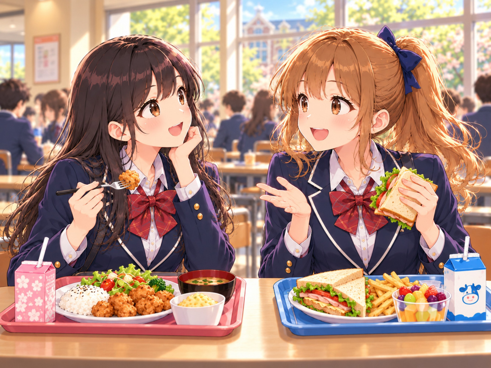 Cheerful Friends at Cafeteria Lunch